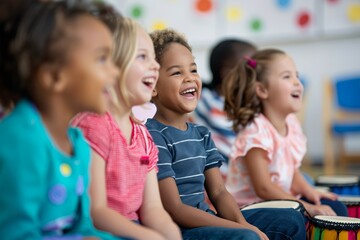 Joyful Children Participating in an Interactive Singing School Lesson with Visual Aids and Instruments