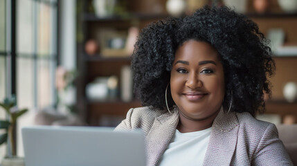 Fototapeta premium Plus size African American businesswoman smiling with laptop in cafe