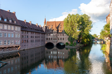 View of Heilig-Geist-Spital from Museumsbrücke in Nuremberg, Germany