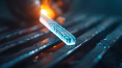 A surreal scene where a blacksmith cools a freshly forged metal piece on a grill, emphasizing the contrasting temperatures.