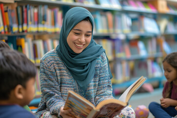 Muslim teacher reading book to children in library