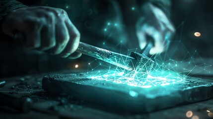 A skilled artisan shapes a glowing, digital artifact, blending traditional craftsmanship with futuristic technology.