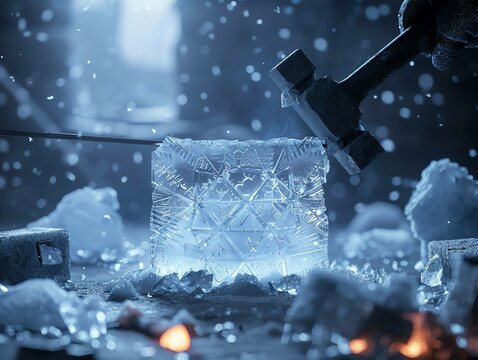 A skilled artisan meticulously chisels an ice block, revealing intricate patterns amidst a flurry of snowflakes.