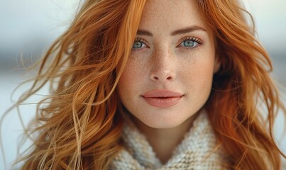Fototapeta premium A beautiful redhead woman is striking a fashionable pose outdoors, showcasing her style.