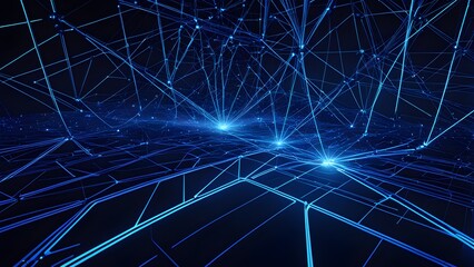 A blue and white image of a cityscape with many lines and dots