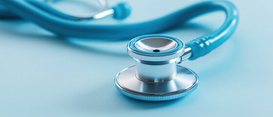 Close-up of a blue stethoscope on a light blue surface