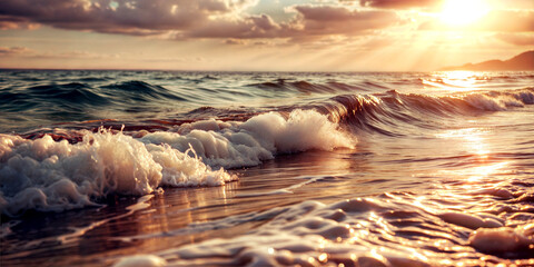 sunset over ocean waves, golden hour beach scene, serene seascape, vacation concept, World Oceans Day, Earth Day, Day of Tourism