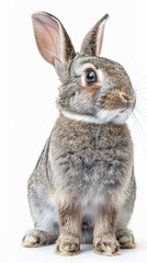 Fototapeta premium Adorable Bunny Charm: A Playful Portrait of a Cute Gray Rabbit Pet on a Pure White Background, Exuding Innocence and Whimsy
