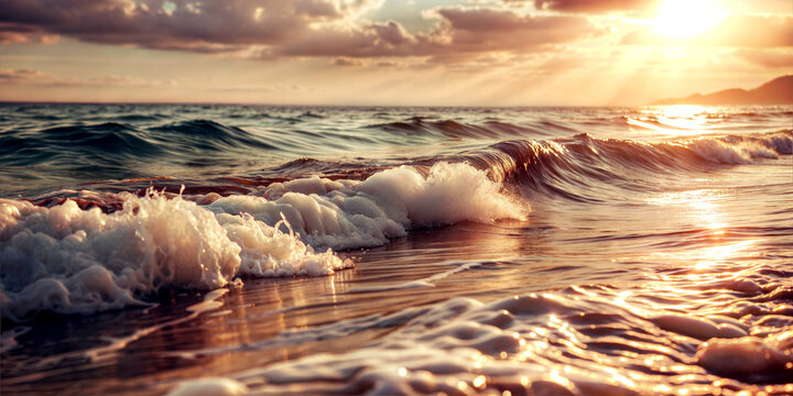 sunset over ocean waves, golden hour beach scene, serene seascape, vacation concept, World Oceans Day, Earth Day, Day of Tourism