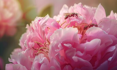 Obraz premium Ants on a peony bud: Busy insects on a pink flower