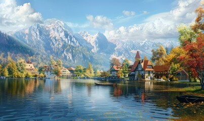 beautiful small town at riverside with mountain background, quiet peaceful lake wallpaper background