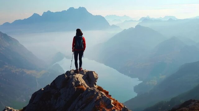 A solitary hiker stands on a rocky peak, gazing out over a mist-covered valley with distant mountains at dawn.
