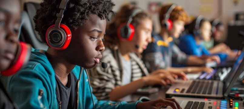 Digital Music Production Class for Students Using Laptops and Headphones - Ideal for Education and Tech Themes