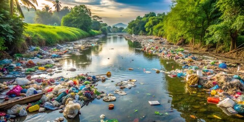A River Choked by Plastic Pollution A Haunting Landscape of Discarded Waste, Lush Green Foliage, and a Blue Sky, Pollution, Environment, Nature, River