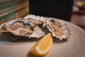 A detailed view of fresh oysters with a lemon wedge, set against a blurred, elegant interior. The warm lighting and meticulous presentation highlight a high-end dining experience.