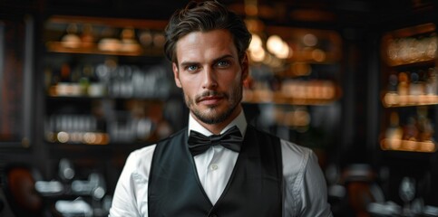 Obraz premium Elegant Waiter in Tuxedo Serving Fine Dining Experience in a Restaurant with a Copy Space on a Dark Background