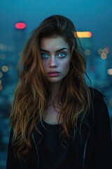 A young woman with long red hair and blue eyes. Dressed in a black jacket and standing in the city at night.