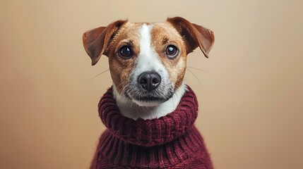 Dog wearing in burgundy shirt against beige background