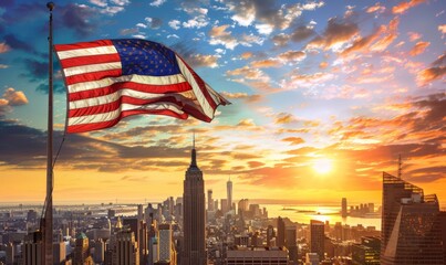 Naklejka premium American Flag Waving Over New York City Skyline at Sunset