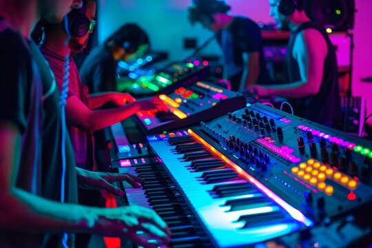 Electronic Music Class with Synthesizers and MIDI Controllers at a Vibrant Music School