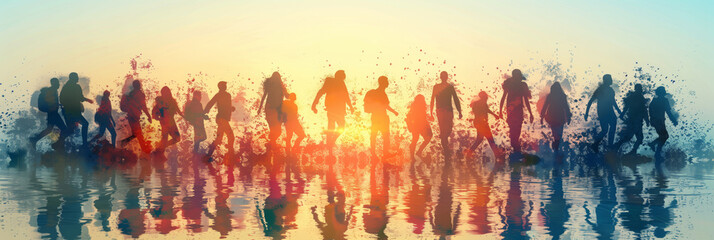 Silhouette of a crowd of people walking on a colorful abstract background, conveying concepts of diversity, unity, and community
