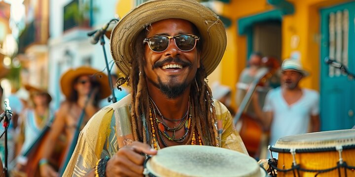 Street musicians performing for National Street Music Day, August 2nd, vibrant tunes, lively audience, cultural celebration - Powered by Adobe