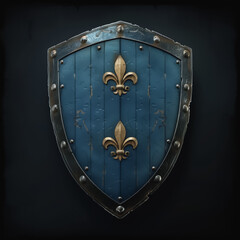Fototapeta premium Medieval shield with fleur-de-lis emblem and detailed engravings on a dark background 