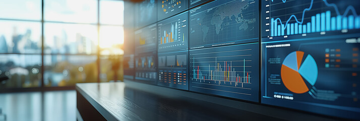 Multiple digital data screens displaying charts and graphs in a modern office setting with cityscape view

