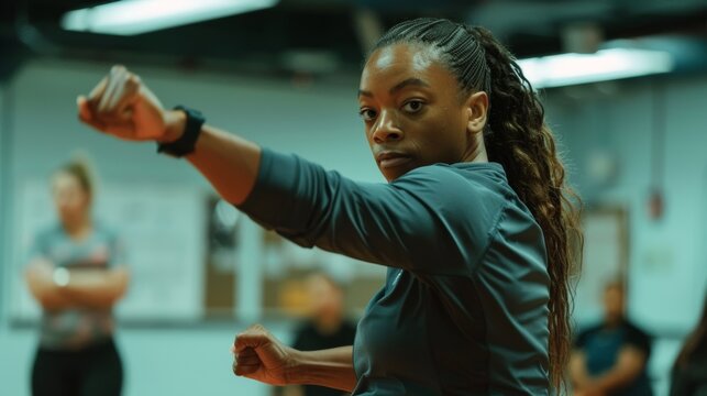 **Focused Self-Defense Training Session with Diverse Participants in Martial Arts Class** - Powered by Adobe