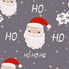 Santa Claus Ho Ho Ho in flat style seamless pattern. Vector Background for festive designs of wrapping paper, covers, fabric, textiles. greeting cards. Concept of Christmas and New Year