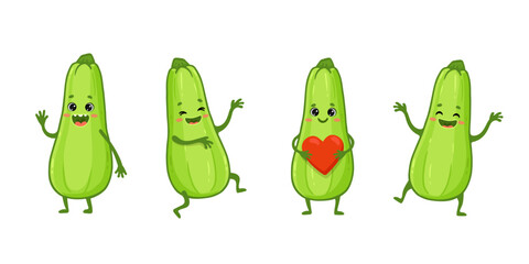 set of Cute cartoon zucchini characters with emotions. Cute zucchini with smile isolated on white background. Vector illustration.
