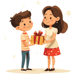 Vector illustration of Cute son giving Gift for his Mother. Happy mothers day