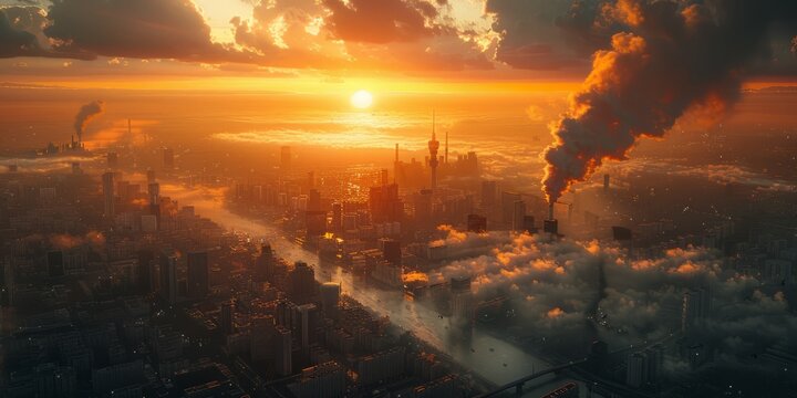 Urban smog crisis due to unchecked industrial emissions, affecting public health and quality of life