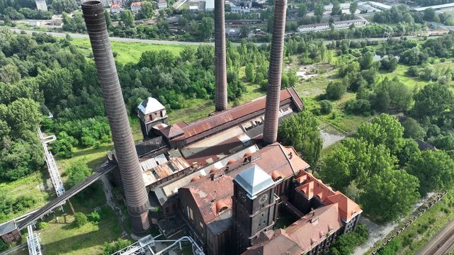 Aerial drone view of the Szombierki Heat and Power Plant, formerly the Bobrek Power Plant. The Trail of Technical Monuments of the Silesian Voivodeship. Old Heat and Power Plant in Bytom, Poland.