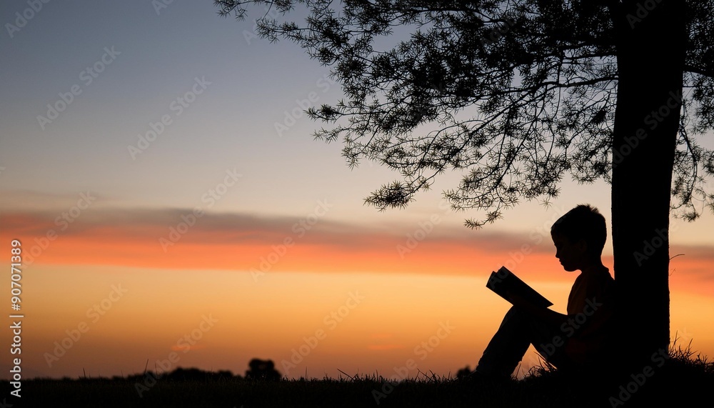 Wall mural silhouettes of children reading expectations on a tree