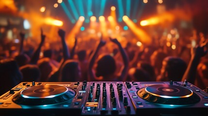 DJ Mixer with a Blurred Crowd Background