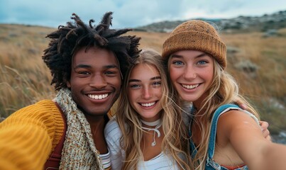 Fototapeta premium A group of friends is taking a selfie on a grassy meadow, capturing their fun together.