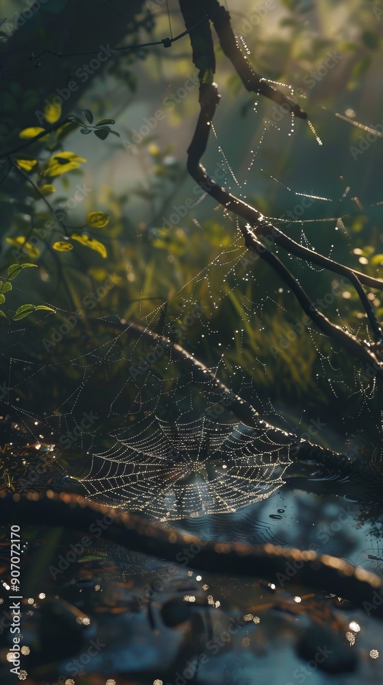 Sticker Dew-covered spider web glistening in morning light, nestled among branches