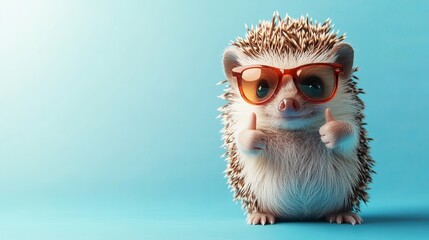 Obraz premium Hedgehog Wearing Glasses Gives Thumbs Up Against Light Blue Background