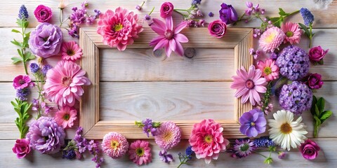 Floral Frame on Wooden Background, pink, purple, flowers , frame, wood , background
