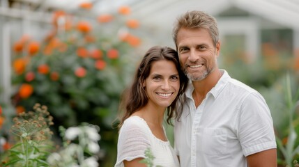 Obraz premium Smiling Couple Posing Together at a Garden Center in Springtime
