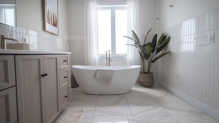 Fototapeta premium Washroom with modern freestanding tub and floor-to-ceiling tiles