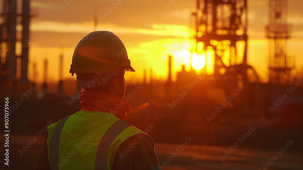 Wall mural a man in a hard hat and safety vest looking at a sunset in the background with a factory in the foreground..