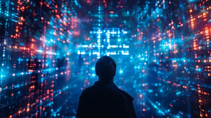 a man standing in front of a colorful display of lights