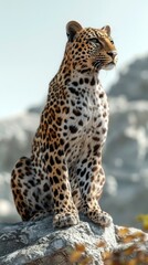 Fototapeta premium Wild Majesty: A Solitary Leopard Perched on a Rock, Displaying Natural Poise and Feline Grace in the Great Outdoors