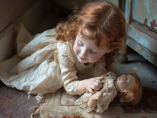 Fototapeta premium Young Girl Engaged in Playtime With Vintage Doll in Cozy Room During Soft Afternoon Light
