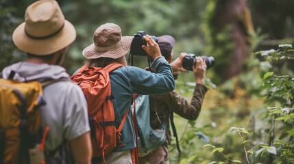Fototapeta premium A group of birdwatchers identifying different species of birds