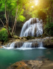 Obraz premium Panoramic beautiful deep forest waterfall in Thailand