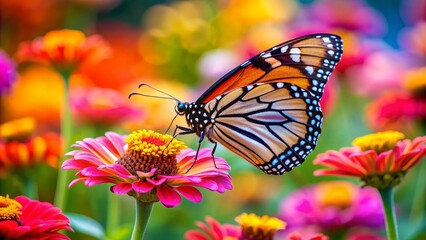 Obraz premium Monarch Butterfly Landing on a Zinnia, Vibrant Colors, Close-up, Nature, insect, flower, butterfly