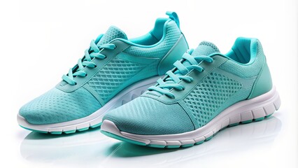 Pair of Mint Green Running Shoes on White Background, Sneakers, Athletic Footwear, Running Shoes, Sporty Shoes